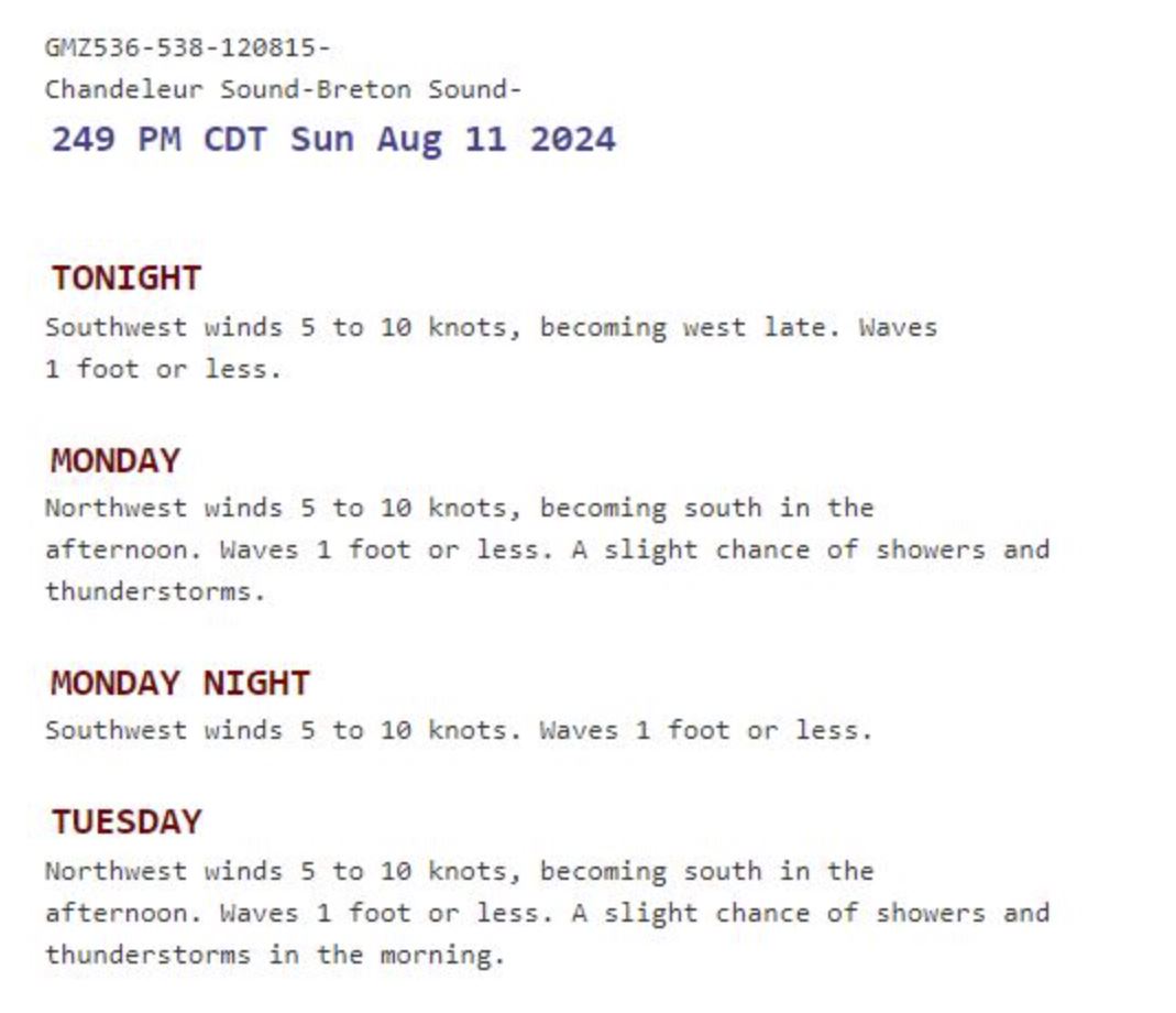 NOAA Marine Forecast for Breton Sound